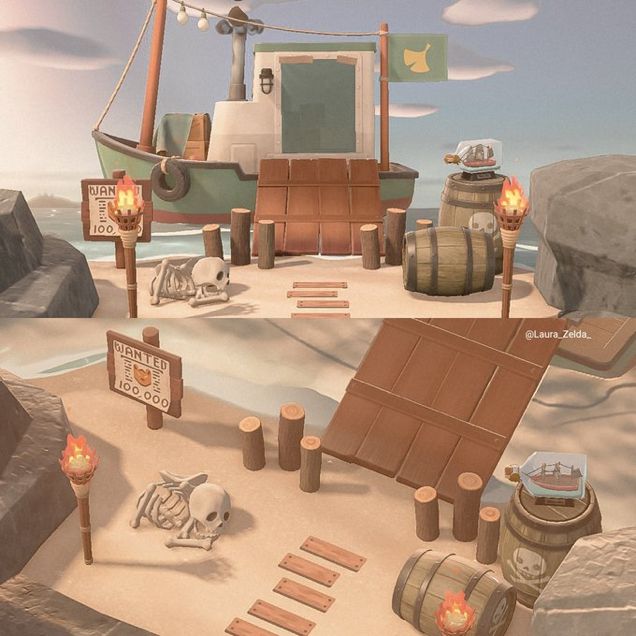 an animated image of a boat in the water with barrels and other items around it