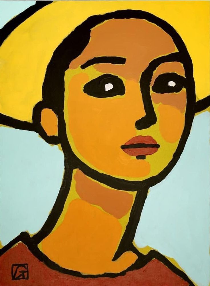 a painting of a woman with a yellow hat on it's head and eyes