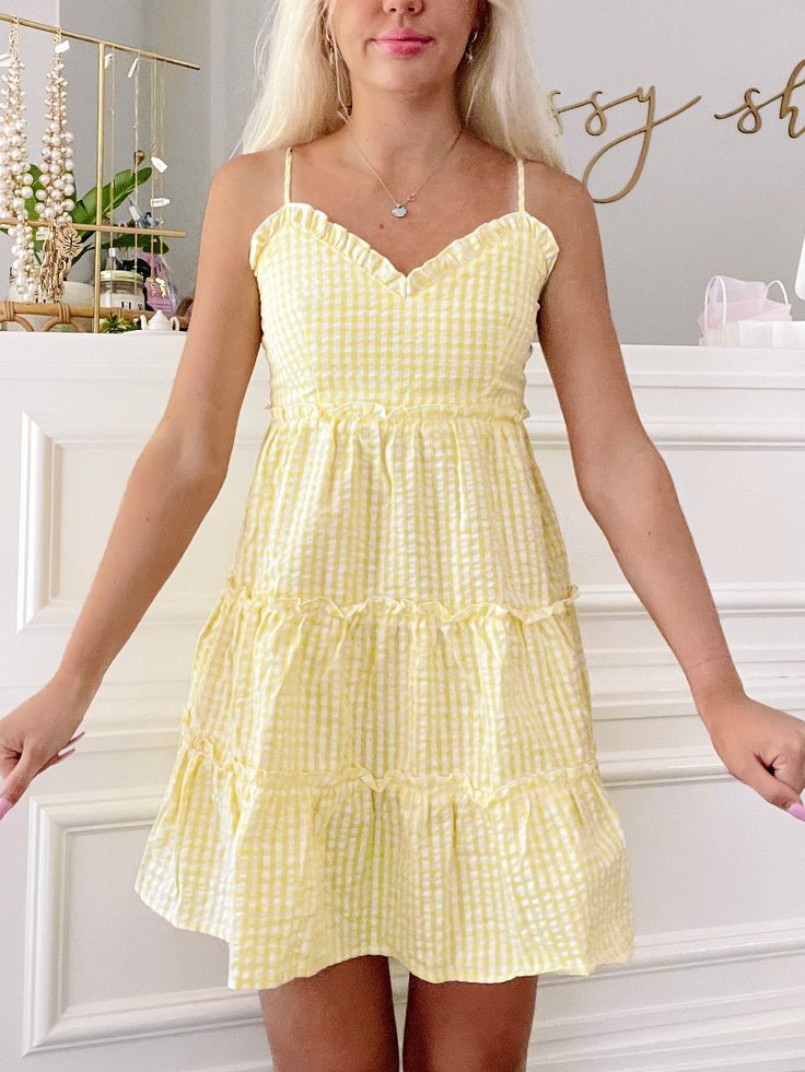 You're So Golden Yellow Gingham Dress | Sassy Shortcake | sassyshortcake.com Yellow Gingham Dress, Pretty Features, Yellow Dress Outfit, Sassy Shortcake, You're So Golden, Fancy Fits, Yellow Gingham, Cute Casual Dresses, Golden Dress