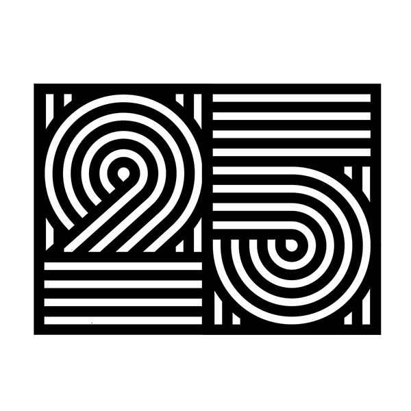 the number twenty nine in black and white on a striped background, with an abstract design