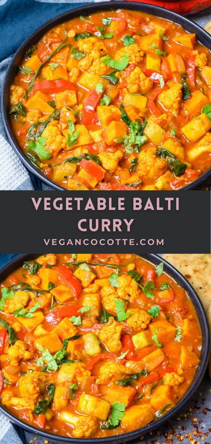 two bowls filled with vegetable curry next to pita bread