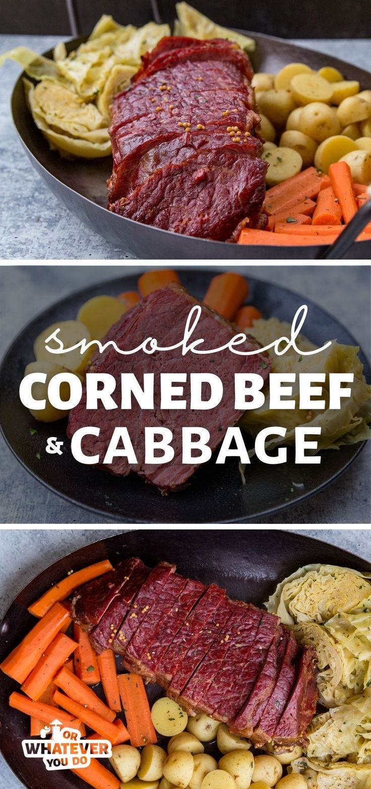 corned beef and cabbage in a cast iron skillet with text overlay that reads smoked corned beef and cabbage