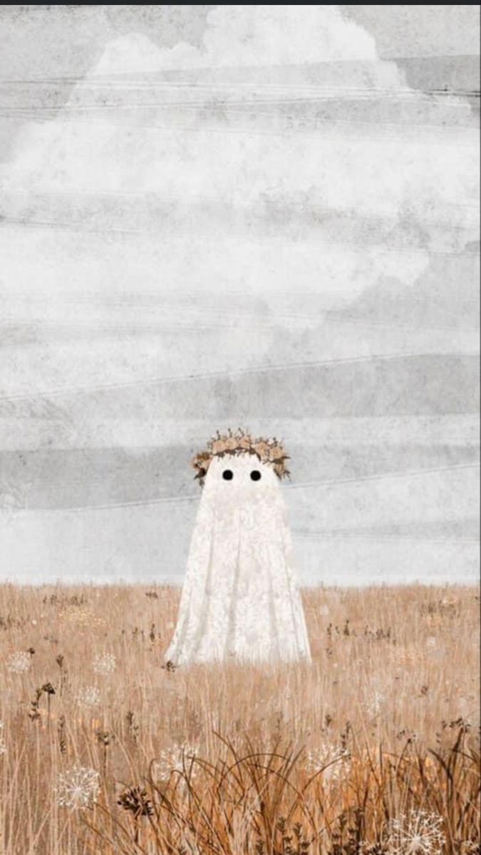 an illustration of a ghost in a field with tall grass and clouds above it is the sky