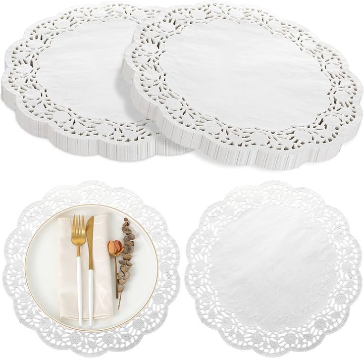 three white place mats and two silverware