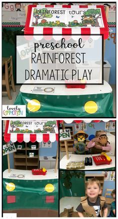 a collage of photos with the words preschool rainforest dramatic play in front of them