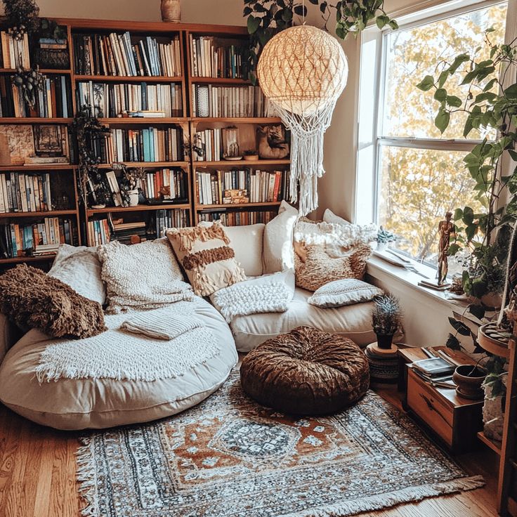 a living room filled with lots of furniture and bookshelves next to a window