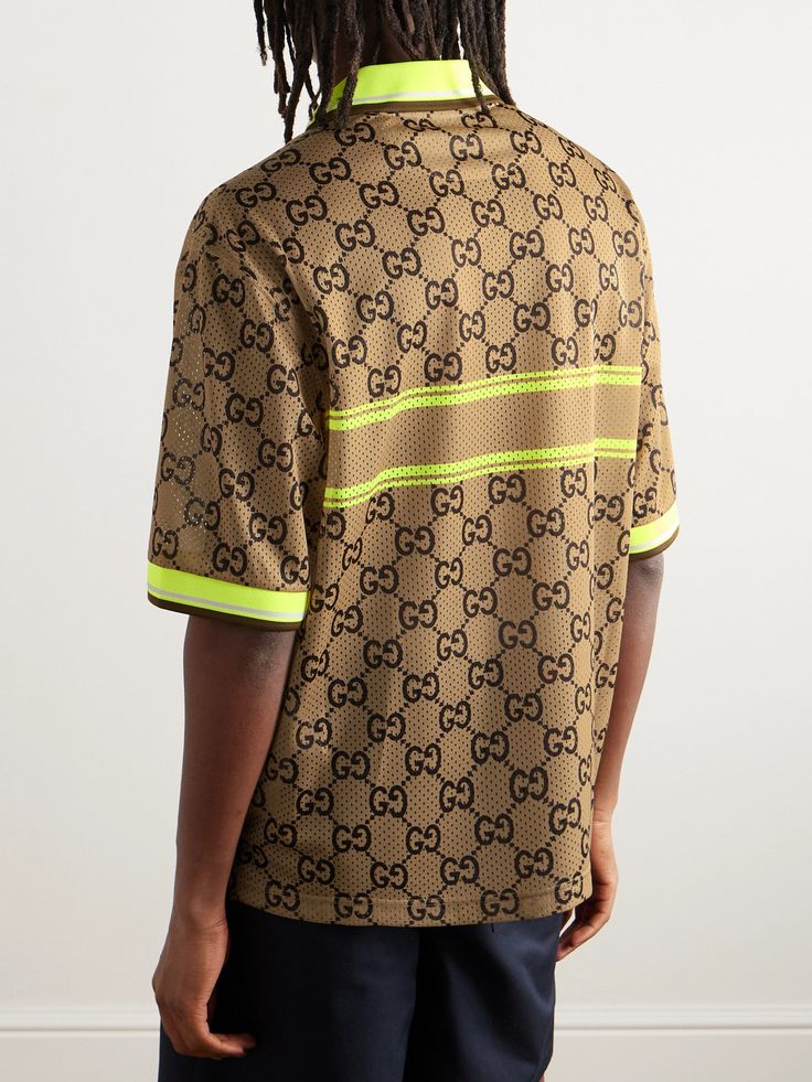 Gucci amps up the sportswear feel with this breathable mesh polo shirt. Made in Italy, it's printed with a repeating 'GG' motif and is trimmed with bright neon yellow to match the brand name across the front. Gucci Collection, Gucci Outfits, Suede Jacket, Formal Shirts, Short Sleeve Polo, Mr Porter, Neon Yellow, Down Jacket, Wardrobe Essentials