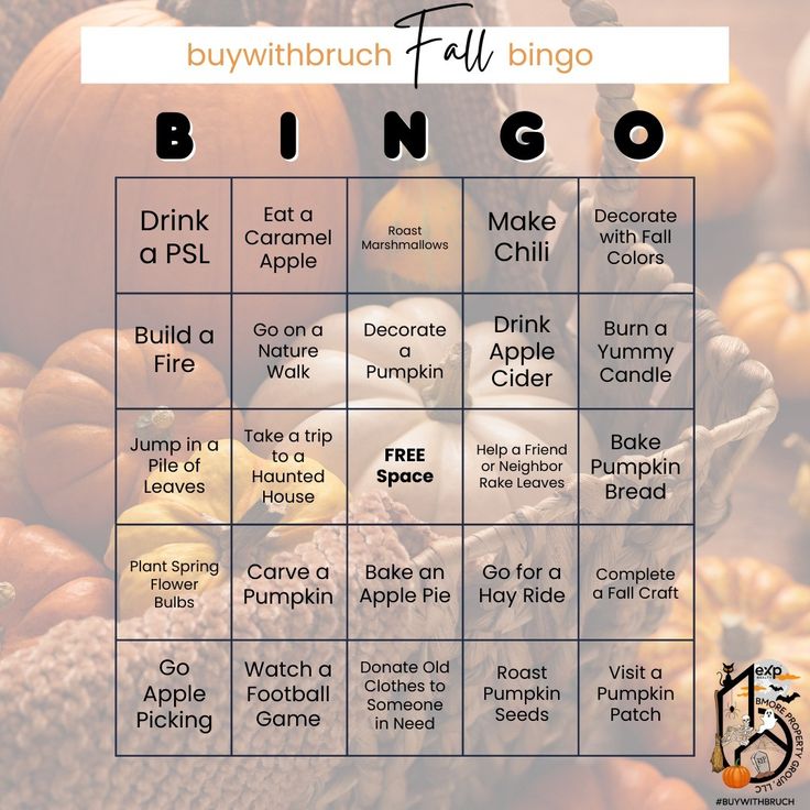 a printable fall bingo game with pumpkins and gourds in the background