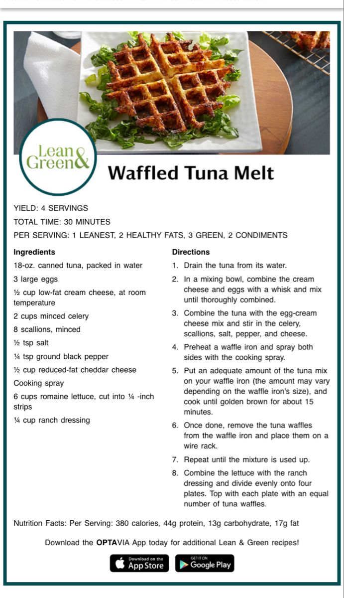 the recipe for waffled tuna melt is shown in green and white font, along with