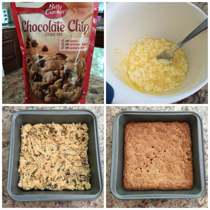 four different pictures showing the steps to make chocolate chip cookie bars in baking pans