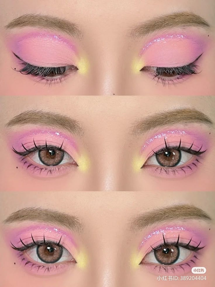 Three Color Eyeshadow Look, Princess Peach Eye Makeup, Pastel Yellow Makeup, Magical Makeup Looks, Rapunzel Inspired Makeup, My Melody Makeup Look, Kawaii Eye Makeup, Creative Makeup Looks Colorful, Piglet Makeup