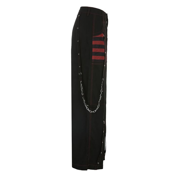 Get the ultimate dark and edgy style with Gothic Electro Baggy Pants. These pants feature a striking black color with blood red accents, silver eyelets, and metal d-ring hardware. With deep netted pockets and a secure closure, they offer both functionality and style. Perfect for raves, concerts, or casual hangouts, these pants guarantee a cool and confident look. Embrace your love for dark fashion! Striking black color with blood red accents Silver eyelets and metal d-ring hardware Deep netted p Patchwork Cargo Pants, Leg Patchwork, Cargo Pants Streetwear, Rock Style Outfits, Rock Outfit, Style Rock, Black Cargo Pants, Style Punk, Black Cargo