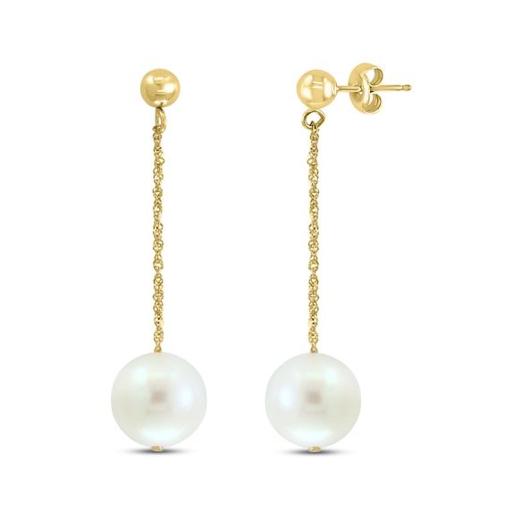 Lustrous freshwater cultured pearls dangle elegantly in these exquisite women's drop earrings. Fashioned in 14K yellow gold, the earrings secure in place with friction backs. From the Lali Jewels Collection. Yellow Gold Briolette Pearl Earrings For Anniversary, Anniversary Yellow Gold Pearl Chain Earrings, Fine Jewelry Pearl Drop Dangle Earrings, Gold Briolette Pearl Earrings For Formal Occasions, Yellow Gold Long Drop Pearl Earrings, Yellow Gold Pearl Drop Earrings In Fine Jewelry Style, Timeless Yellow Gold Dangle Pearl Earrings, Yellow Gold Drop Earrings With Pearl Pendant, Classic Drop Earrings With Pearl Chain