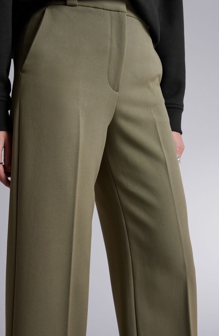 Achieve desk-to-dinner perfection in these sophisticated stretch-kissed pants fashioned with a high waist and wide legs. Zip fly with hook-and-bar closure Front slant pockets; back welt pockets 62% polyester, 34% viscose, 4% elastane Dry clean Imported Modern Wide Leg Bottoms With Pressed Crease, Tailored Wide Leg Office Bottoms, Modern Wide Leg Pants For Business, Wide-leg Dress Pants With Pressed Crease For Office, Wide Leg Dress Pants With Pressed Crease For Office, Wide Leg Bottoms With Pressed Crease For Work, Modern Tailored Wide Leg Pants For Work, Modern Wide-leg Pants For Semi-formal Occasions, Modern Semi-formal Wide-leg Pants