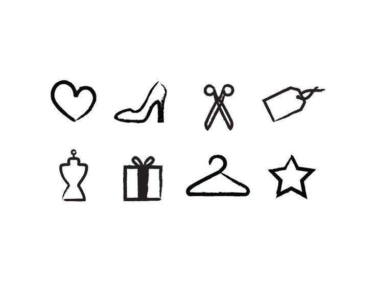 black and white silhouettes of different items on a white background, including shoes, bags, boxes, hearts, stars