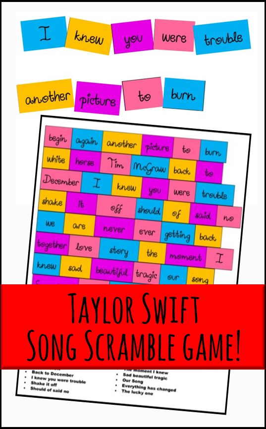 the taylor swift song scramble game is shown with words and pictures on it, as well as