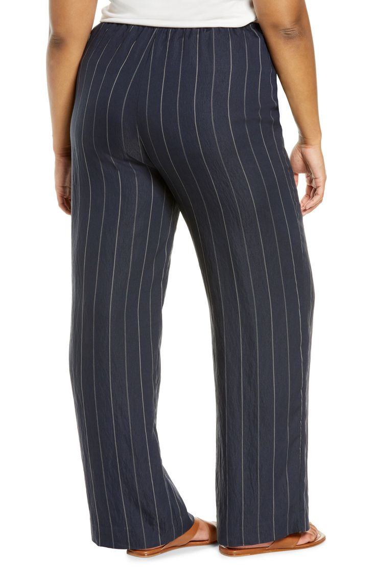 Classic stripes add to the polished style of these comfy pull-on pants that are absolutely office approved. Elastic waist Side-seam pockets 85% rayon, 14% nylon, 1% polyester Hand wash, line dry Imported Women's Clothing Chic Relaxed Fit Viscose Bottoms, Viscose Wide-leg Workwear Bottoms, Viscose Wide-leg Workwear Pants, Viscose Wide-leg Pants For Work, Workwear Wide-leg Viscose Pants, Chic Ankle-length Viscose Pants, Workwear Bottoms With Elastic Waistband In Rayon, Rayon Wide-leg Workwear Pants, Workwear Elastic Waistband Rayon Bottoms