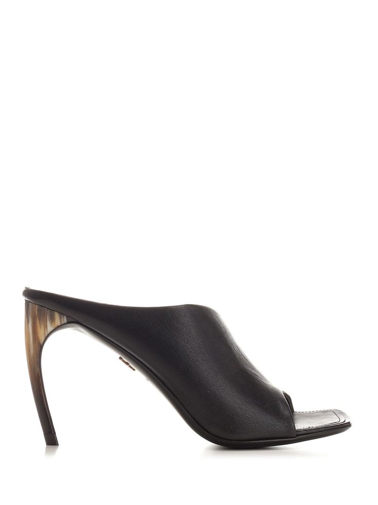 Mule in black stretch nappa from Ferragamo, open toe shape with squared profile and curved "horn" effect heel. Luxury Evening Sandals With Wooden Heel, Luxury Fitted Sandals With Deep Heel Cup, Fitted Calf Leather Open Toe Heels, Elegant Fitted Heels With Wooden Heel, Fitted Leather Heels With Wooden Heel, Luxury Leather Sandals, Ferragamo Shoes Women, Heel For Women, Ferragamo Shoes