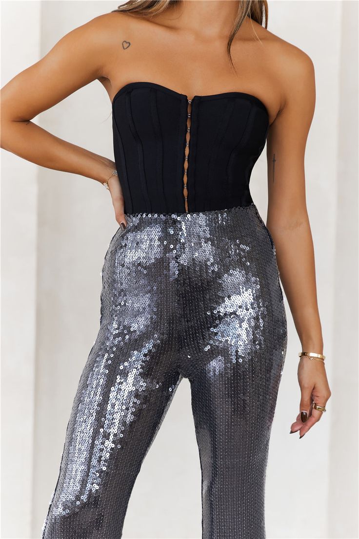 Length from waist to hem of size S: 110cm. Pants. Lined. Model is a standard XS and is wearing size S. True to size. Stretch. Mesh. Elastic waist. Wide-leg. Clear sequins. Elastic waistband. Slip on. Cold hand wash only. Polyester/Spandex. Lovely, it's time to party in the Grooving Sequin Wide Leg Pants. Featuring sparkly, clear sequins and a statement wide-leg design. Style with a corset and heels for all the attention. Sequin Wide Leg Pants, Wide Leg Pants Black, Long Bodycon Dress, Halter Maxi Dresses, Pantalon Large, Mini Dresses Summer, Long Sleeve Bodycon Dress, Maxi Dress Blue, Corset Dress