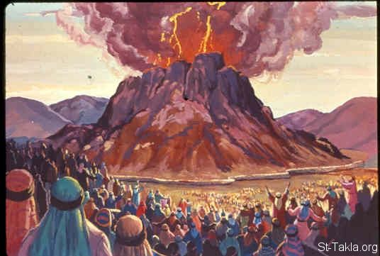 a painting of people standing in front of a volcano