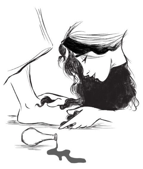 a black and white drawing of a woman sitting on the ground with her head down