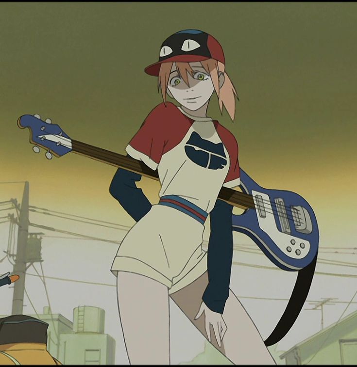 an anime character holding a guitar and wearing a baseball cap with her hands behind her head