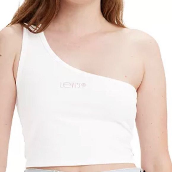 Very Cute Women's One-Shoulder Tank Top With Pink Levi’s Logo 92% Cotton 8% Elastane Casual White One-shoulder Crop Top, White Cotton One Shoulder Top For Spring, Trendy One Shoulder Tank Top For Spring, White One-shoulder Crop Top For Summer, Trendy Summer One Shoulder Top, White Cotton One-shoulder Top For Summer, White Cotton One Shoulder Top For Summer, Trendy Levi's Spring Tops, Trendy Levi's Tops For Spring