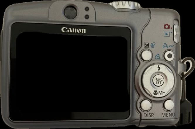 the front view of a digital camera with a white screen on it's side