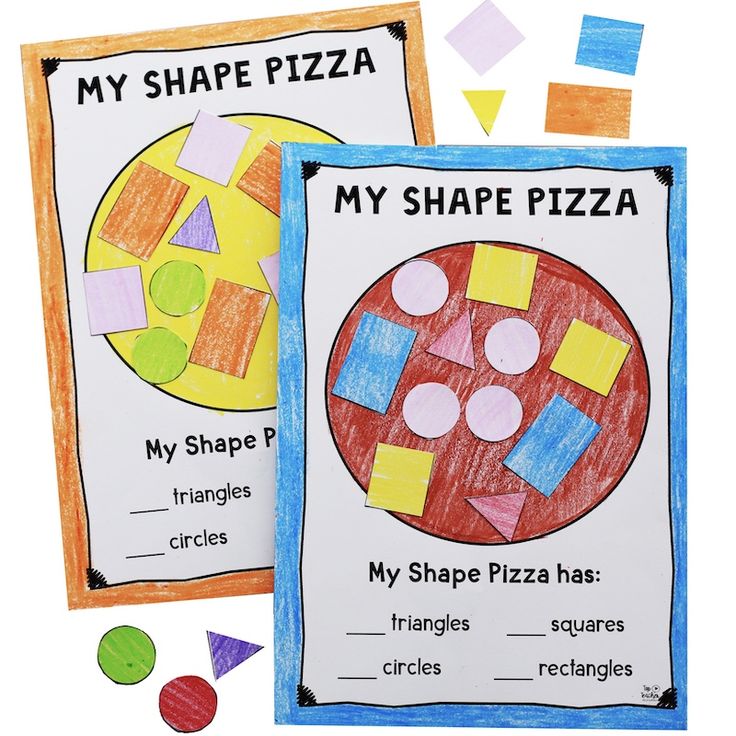 two posters with different shapes and colors on them, one is shaped like a shape pizza