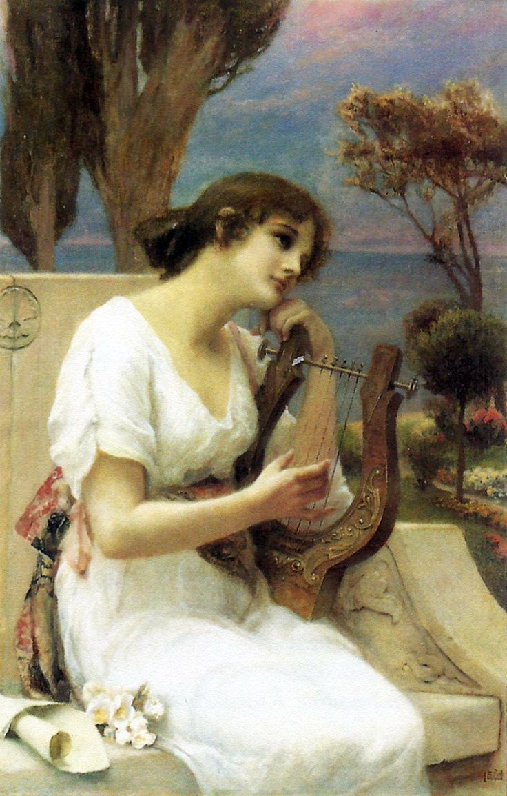 a painting of a woman sitting on a bench holding a harp and looking at her cell phone