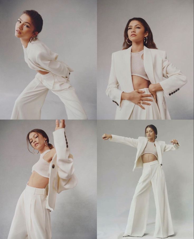 four different photos of a woman in white clothing posing for the camera, with her arms outstretched