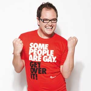 a man wearing a red t - shirt that says some people are gay get over it