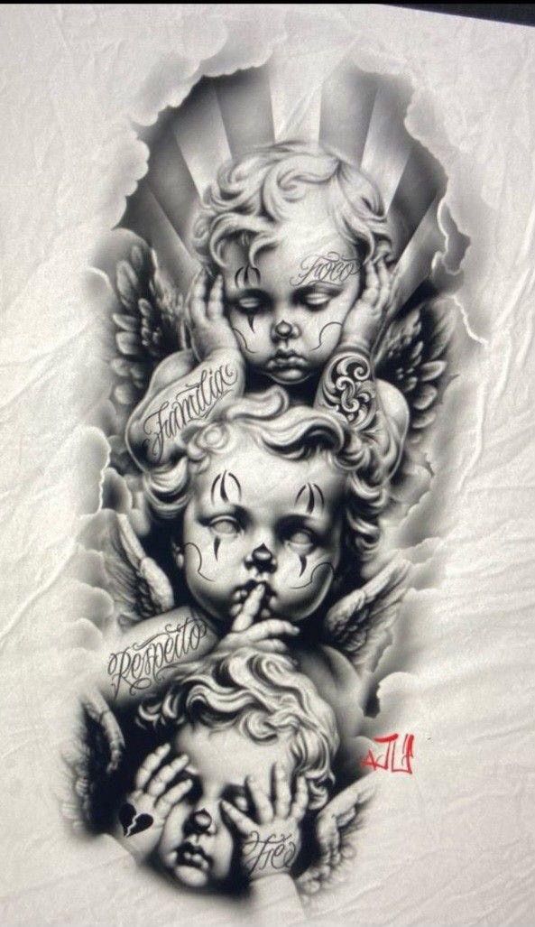 an image of tattoos on the back of a woman's arm and chest, with angels