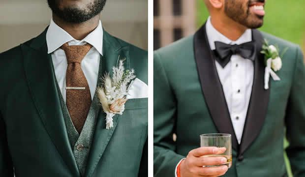 two men in tuxedos one is holding a drink and the other has a boutonniere