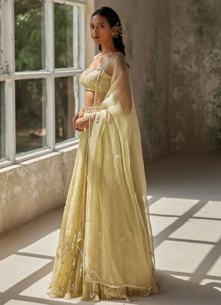 Step into elegance with the exquisite Green Embroidered Silk Organza Lehenga, a stunning blend of tradition and modernity. Crafted from luxurious pure silk organza, the kalidar green lehenga showcases intricate hand-embroidery that adds a touch of opulence to its flowing silhouette. Paired with a matching blouse adorned with exquisite hand embellishments, this outfit exudes both timeless charm and contemporary sophistication. Completed with a graceful dupatta, featuring a meticulously hand-embroidered border and delicate motifs that enhance its allure. Perfect for Mehendi and Sangeet ceremonies or as a standout wedding guest outfit, this lehenga set promises to make you the center of attention, offering unparalleled comfort and style through its rich fabric and detailed craftsmanship. Comp Organza Lehenga, Green Lehenga, Indian Wedding Wear, Rich Fabric, Silk Organza, Embroidered Silk, Wedding Wear, Wedding Guest Outfit, Pure Silk