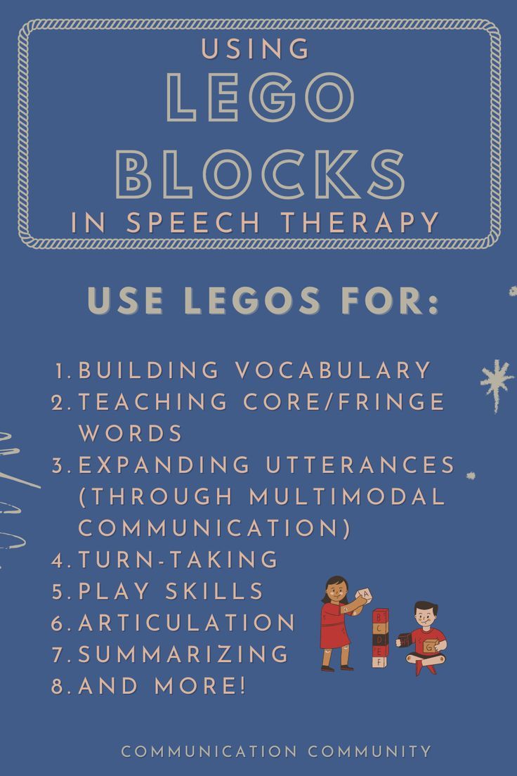 Dark blue background, text: Using Lego Blocks in speech therapy; Use LEGOS for: 1. building vocabulary 2. teaching core/fringe words 3. expanding utterances (Through multimodal communication) 4. turn-taking 5. play skills 6. articulation 7. summarizing 8. and more!; Communication Community Speech Therapy Apps, Used Legos, Preschool Speech Therapy, Language Goals, Preschool Speech, Group Ideas, Lego Blocks, Handprint Crafts, Vocabulary Building