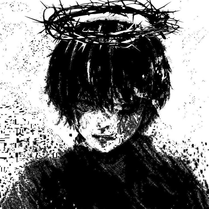 a black and white drawing of a person with a crown on their head, in front of a grungy background