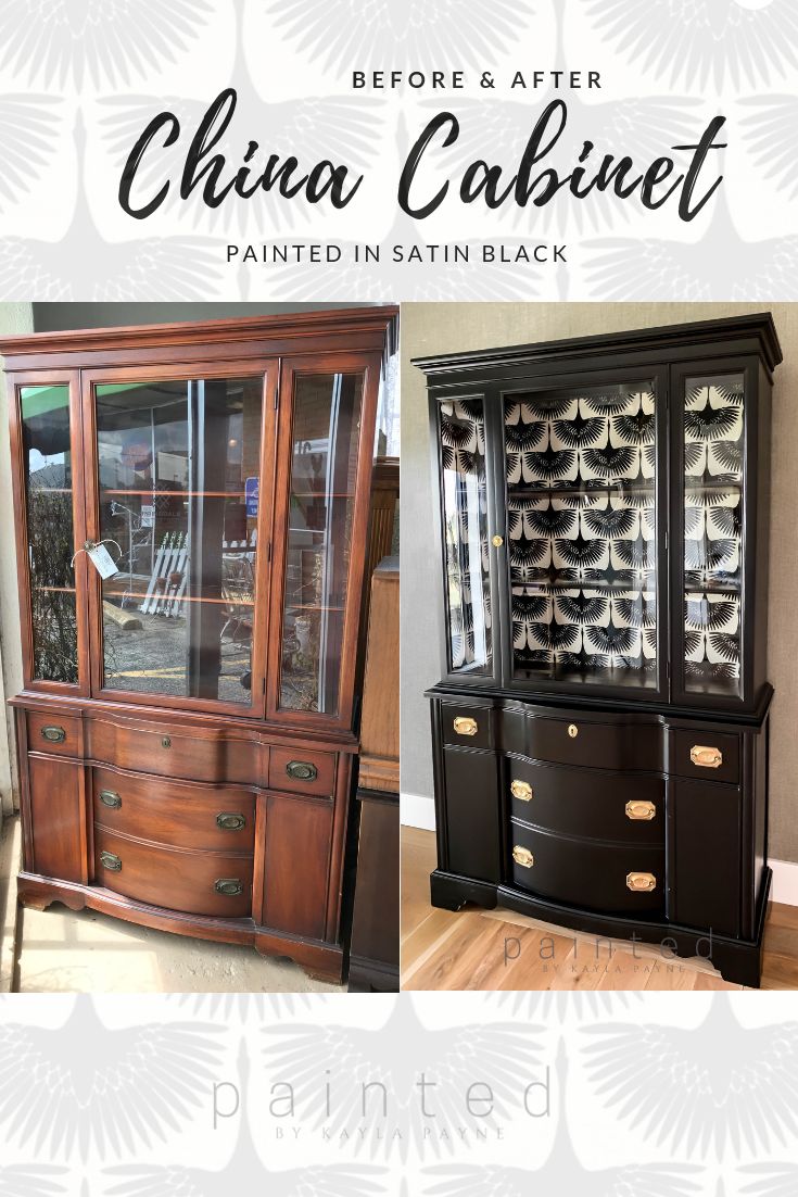 an old china cabinet painted in satin black with the words before & after china cabinet painted in satin black