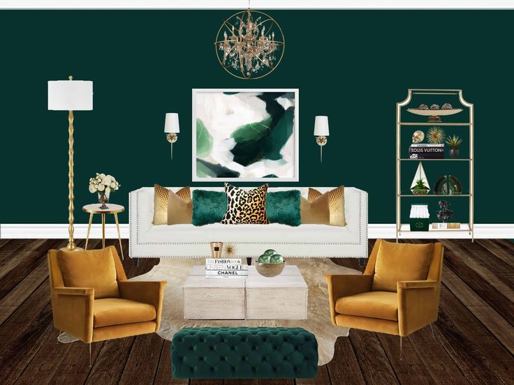 a living room with green walls and gold accents on the couches, coffee table