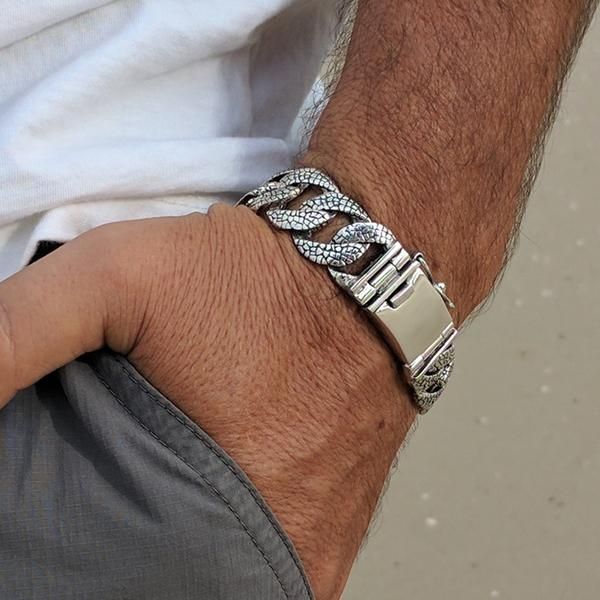 Lizard Skin 925 Sterling Silver Men Bracelet - VY Jewelry Elegant Engraved Cuban Link Bracelet, Adjustable Sterling Silver Bracelet With Stainless Steel Clasp, Elegant Formal Cuban Link Bracelet With Stainless Steel Clasp, Silver Chain Bracelet With Jubilee Style, Luxury Chain Bracelet With Sterling Silver Clasp, Luxury Silver Chain Cuban Link Bracelet For Formal Occasions, Adjustable Cuban Link Silver Chain, Adjustable White Gold Bracelet With Stainless Steel Clasp, Modern Sterling Silver Cuban Link Jewelry