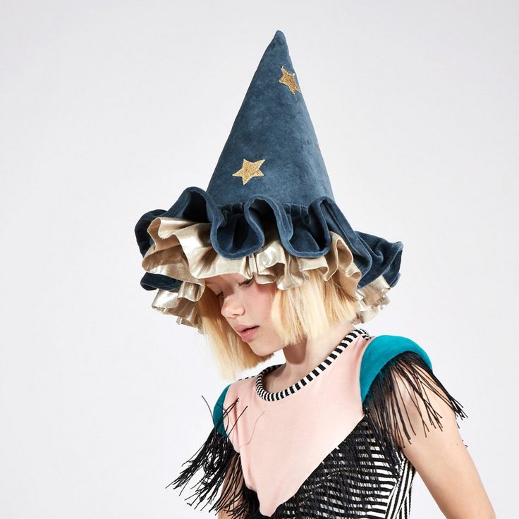 This witch's hat, with ruffle details, is very stylish indeed. It's crafted from blue velvet, with gold lamé and gold glitter stars and moons. An essential accessory for Halloween, or to add to a dressing up box for imaginative play any time of the year. It makes a wonderful gift for a child who loves magic and dressing up. Suitable for ages 3+. Kirby Gijinka, Stars And Moons, Gold Glitter Stars, Authentic Models, Barbie Movie, Meri Meri, Glitter Stars, Blue Hat, Turbans