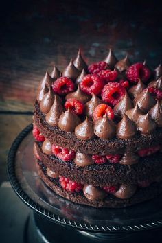 a chocolate cake topped with raspberries and chocolate frosting