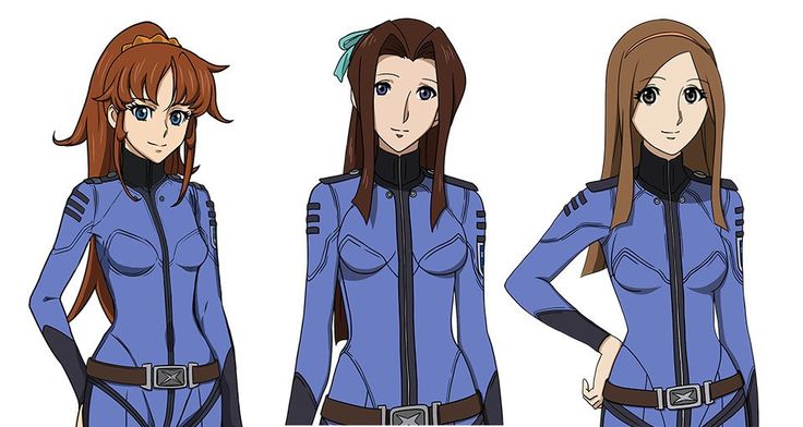 three different views of an anime character in blue outfits with long hair and brown eyes