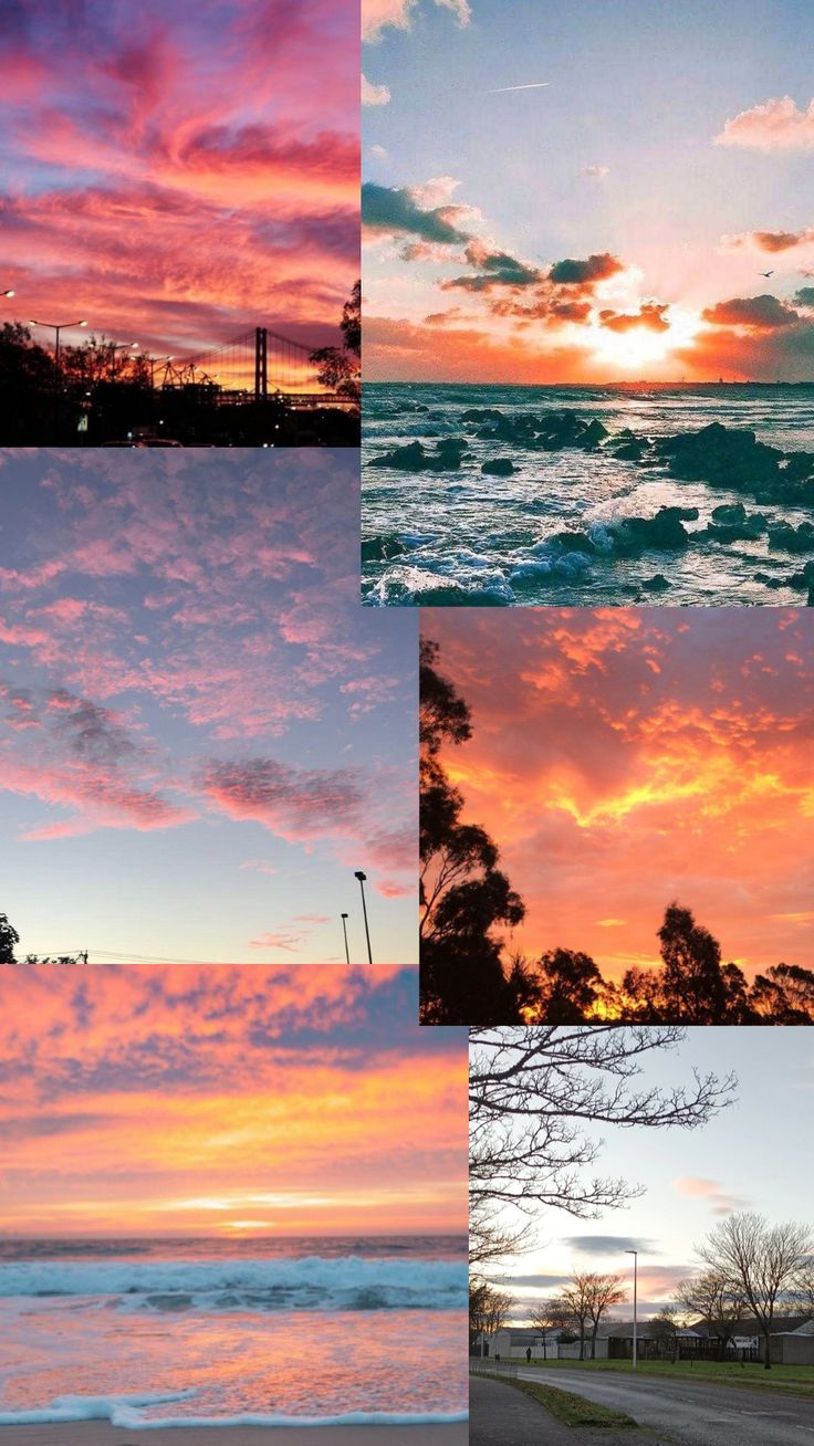 four pictures of different sunsets and clouds over the ocean