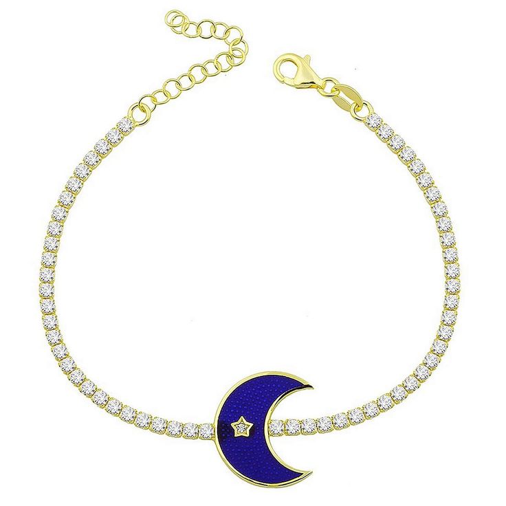 Deep Ocean Crescent Bracelet Sterling Silver Moon Charm Bracelet, Sterling Silver Celestial Bracelet With Moon Charm, Sterling Silver Celestial Bracelet, Moon Phase Jewelry In Cubic Zirconia, Blue Jeweled Bracelets As Gift, Celestial Crescent Bracelets With Moon Charm, Elegant Blue Moon-shaped Jewelry, Elegant Blue Jewelry With Moon Charm, Cubic Zirconia Moon Charm Jewelry