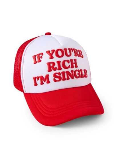 Let everyone know that you are ON the market with this hilarious Trucker Hat. This hat features the phrase "If You're Rich, I'm Single" which is sure to get laughs whenever you wear it around. Adjustable Structured fit Mid crown Normal bill Buckle closure Material: Cotton Care: Spot clean Imported Funny Trucker Hat, One Size Fits Most, Funny Trucker Hat One Size, Funny One Size Fits Most Trucker Cap, Fun Trucker Hat With Letter Print, Funny Trucker Hat With Letter Print And Curved Brim, Funny Letter Print Trucker Hat, Fun Trucker Hat With Letter Print And Curved Bill, Novelty Trucker Hat With Letter Print And Curved Brim, Fun Red Trucker Hat With Letter Print