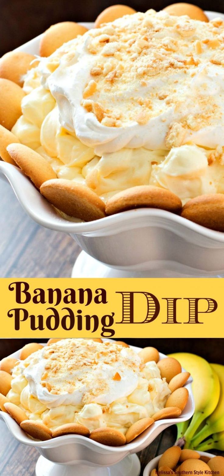 banana pudding in a pie dish with whipped cream on top and bananas around the edges