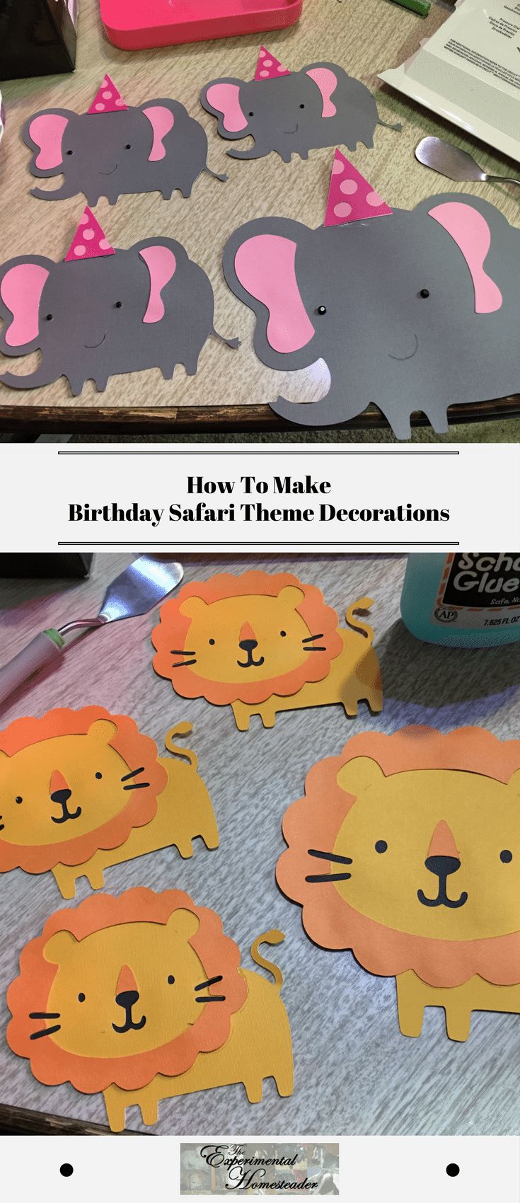 how to make birthday safari theme decorations with cut outs and glue on the table top