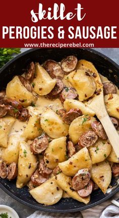 a skillet filled with potatoes and sausage next to some parsley on the side