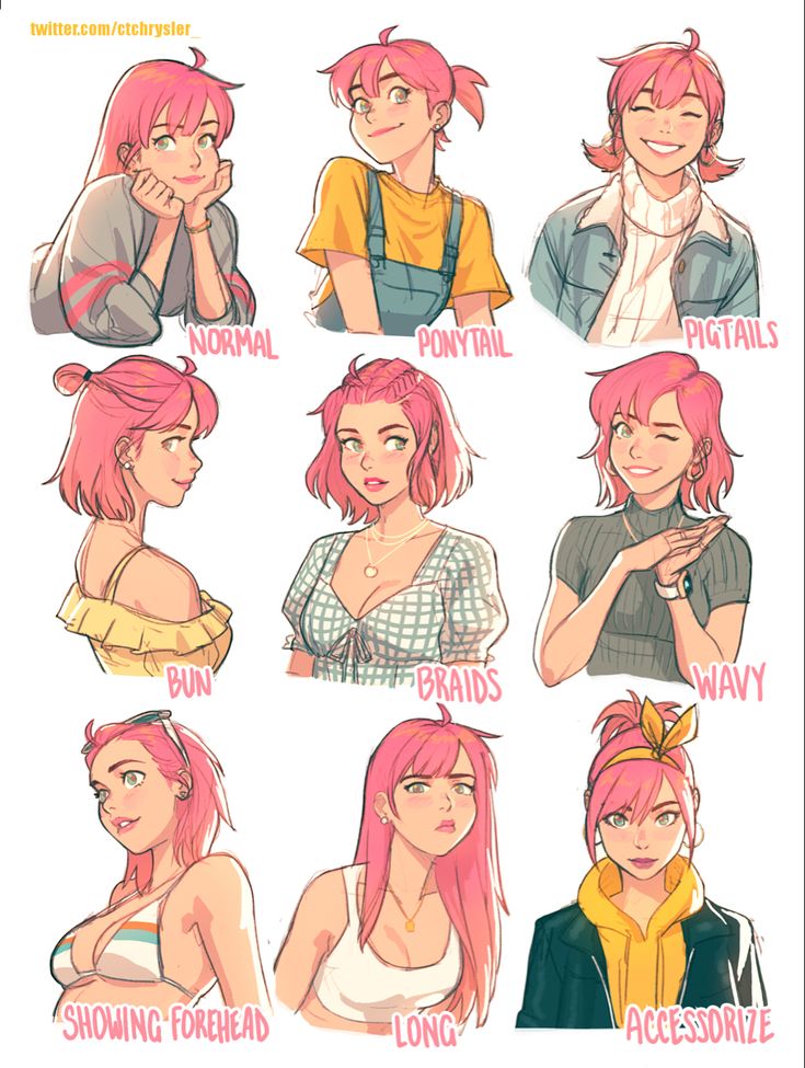 an anime character with pink hair and different facial expressions